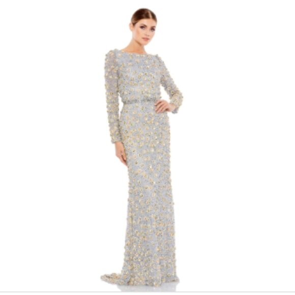 MAC DUGGAL/CREATIVE IMPORTS LLC Dresses & Skirts - Mac Duggal - Silver Embellished Long Sleeve High Neck Gown - Platinum Gold / US